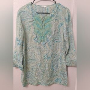 Coldwater Creek Silk Blouse Top Aqua Paisley Tunic Embroidered Womens Med